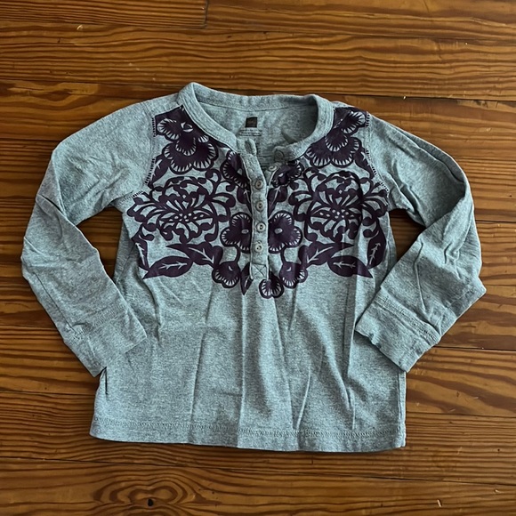 Tea Collection - Long Sleeve Tee Button Front Purple Sparkle Flowers - Picture 1 of 1